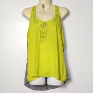 MNK Women's Tank Top Blouse Shirt Knit Stretch Gray Yellow Beaded Size Large